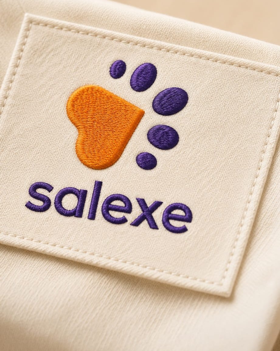 Embroidered Salexe label with the paw-and-heart logo